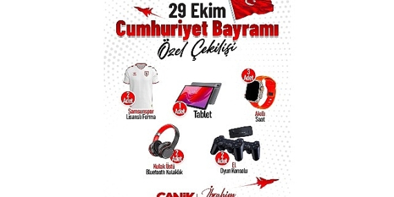 Canik Belediyesi’nin düzenlediği 29 Ekim Cumhuriyet Bayramı özel çekilişiyle vatandaşlar hediyelerle buluşuyor.
